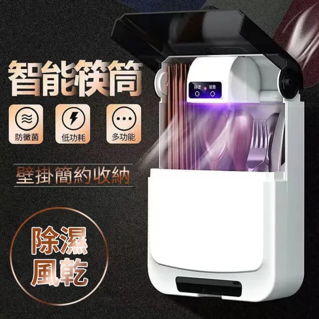 【Homeco】壁掛式消毒筷子筒 防塵瀝水筷子收納架 餐具置物架(收納盒 筷籠 筷架 瀝水盒 掀蓋盒 USB充電)