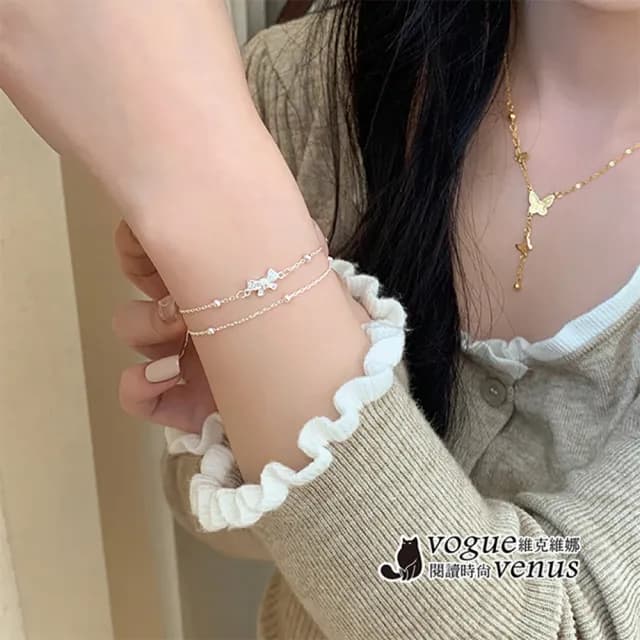 【維克維娜】水鑽蝴蝶結雙層手鍊925純銀手鍊