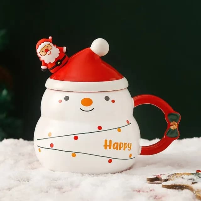 【禮物首選】聖誕雪人陶瓷水杯帶蓋勺禮盒裝(交換禮物 生日 節慶 情侶 辦公 咖啡 馬克杯 水杯 學生)