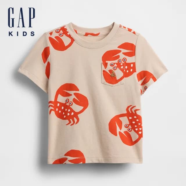 【GAP】男幼童裝 純棉小熊刺繡印花圓領短袖T恤-卡其色(781955)