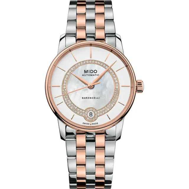 【MIDO 美度】官方授權 BARONCELLI 永恆真鑽機械女錶-33mm 手錶 禮物 推薦(M0378072203100)