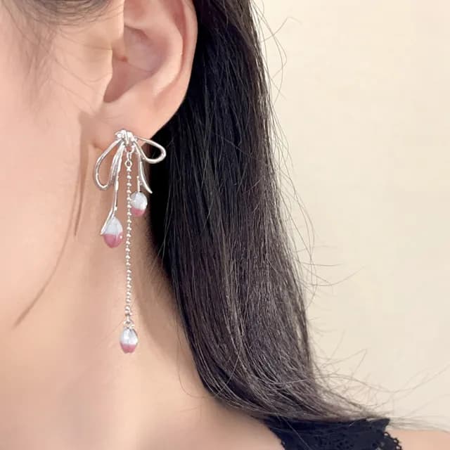 【INES】韓國設計S925銀針浪漫鬱金香花朵流蘇蝴蝶結造型耳環(S925銀針耳環 流蘇耳環 蝴蝶結耳環)