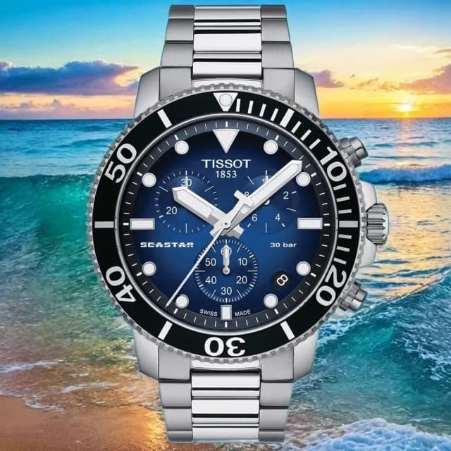 【TISSOT 天梭 官方授權】水鬼 Seastar 1000 海洋之星300米潛水三眼計時手錶 送禮 推薦(T1204171104101)