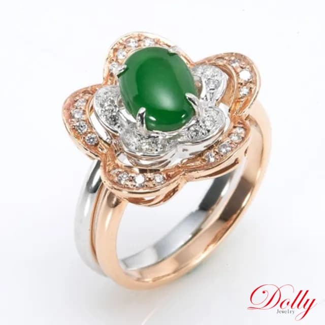 【DOLLY】14K金 緬甸冰種老坑綠翡翠鑽石戒指(母親節 長輩送禮 交換禮物首選)