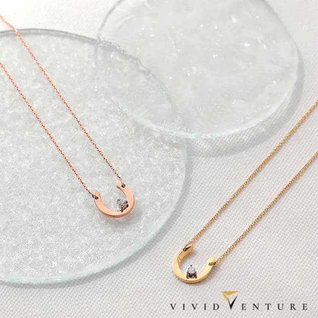 【Vividventure 亞帝芬奇】14K 4分 天然鑽石 鑽石 項鍊 幸運馬蹄鐵 單鑽款(二色任選/玫瑰金/黃K金)