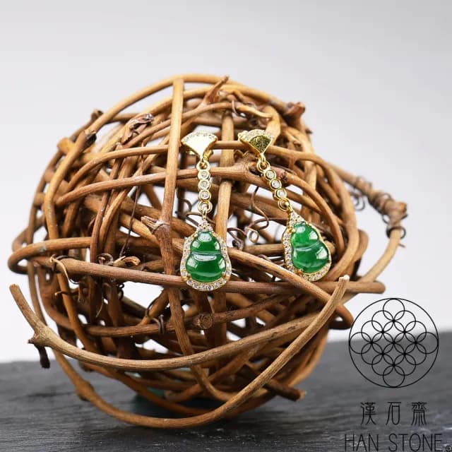 【漢石齋】情人節禮物 天然翡翠A貨 葫蘆造型設計耳環 老坑冰種(8*12mm*2pcs)