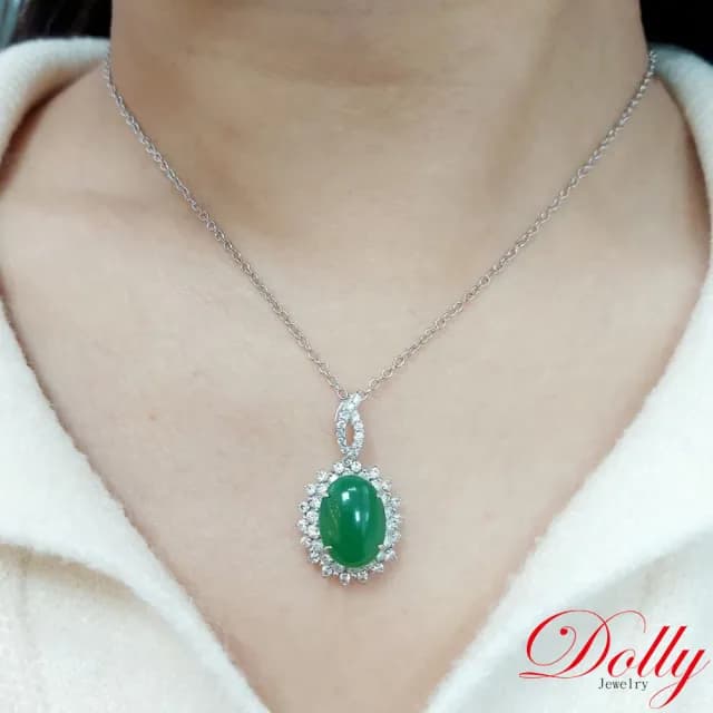 【DOLLY】18K金 緬甸冰種正綠A貨翡翠鑽石項鍊(母親節 長輩送禮首選)