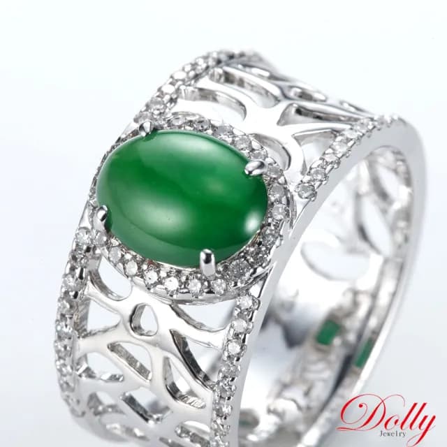 【DOLLY】18K金 緬甸高冰種老坑綠A貨翡翠鑽石戒指(母親節 長輩送禮 交換禮物首選)