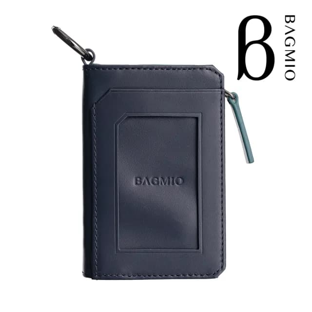 【BAGMIO】情人節禮物 真皮 雙卡牛皮鑰匙零錢包(真皮包包 藍＋綠色)