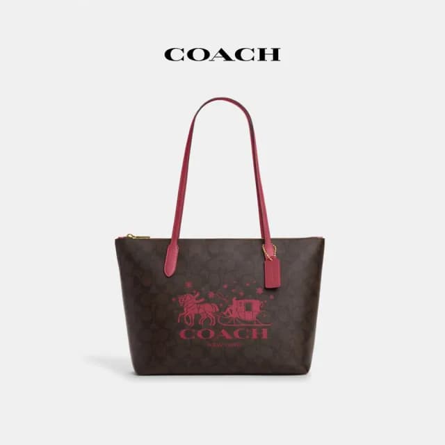 【COACH】蔻馳官方直營 經典Logo和馬車圖案托特手袋-IM棕色胭脂色(CN626)