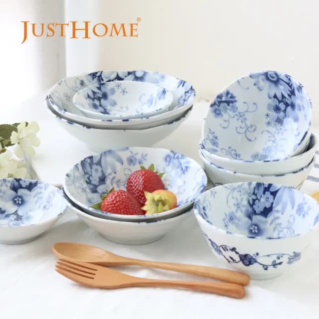 【Just Home】Home日本製羽葉菊陶瓷8件/10件碗盤餐具組(可微波 碗 飯碗 碗盤 盤 湯盤 深盤 餐具組 送禮)