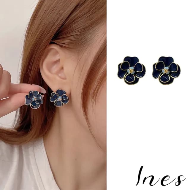 【INES】韓國設計法式復古彩釉藍色花朵造型夾式耳環(無耳洞耳環 耳夾 夾式耳環 藍色耳環 花朵耳環)