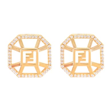 【FENDI 芬迪】經典雙F LOGOG水鑽八角造型針式時尚耳環(金)