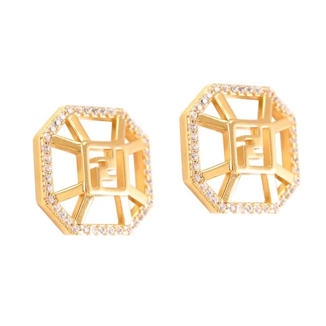 【FENDI 芬迪】經典雙F LOGOG水鑽八角造型針式時尚耳環(金)