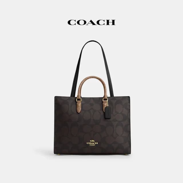 【COACH】蔻馳官方直營 MAGGIE撞色經典Logo托特手袋-IM/胡桃木色/棕黃色(CY677)