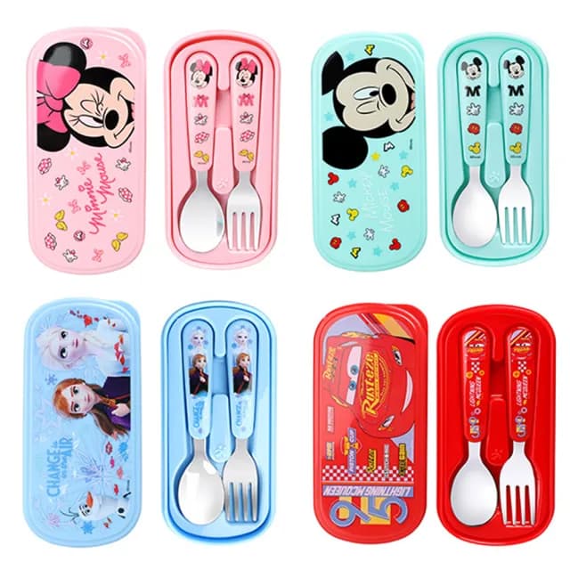 【優貝選】迪士尼米奇/米妮/愛紗/CARS 兒童學習餐具叉匙套組(平輸品)