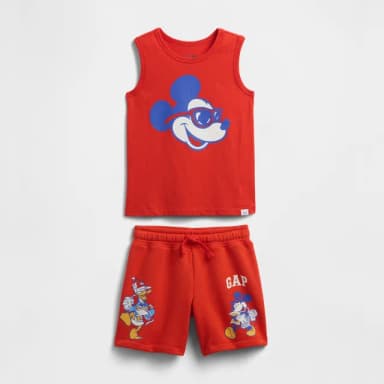 【GAP】男幼童裝 Gap x Disney迪士尼聯名 Logo印花圓領無袖短褲家居套裝-紅色(769393)