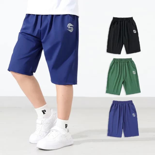 【橘魔法】大童 冰絲涼感銀字母短褲(運動褲 褲子 中褲 五分褲 速乾 快乾 男童 兒童 童裝)