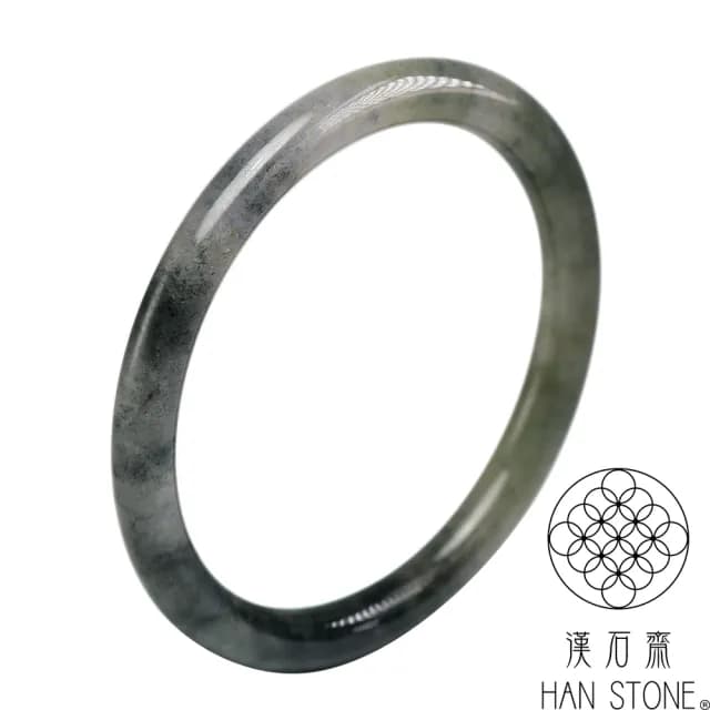 【漢石齋】情人節禮物 天然翡翠A貨 細圓條手鐲玉鐲 冰糯種山水墨翠帶黃翡(手圍18.7/版寬6.8mm)