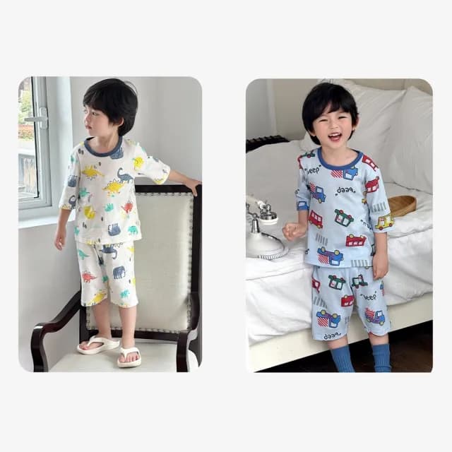 【橘魔法】恐龍 汽車多彩滿印居家服套裝(短袖上衣 短褲 褲子 睡衣 居家服 男童 女童 兒童 童裝)