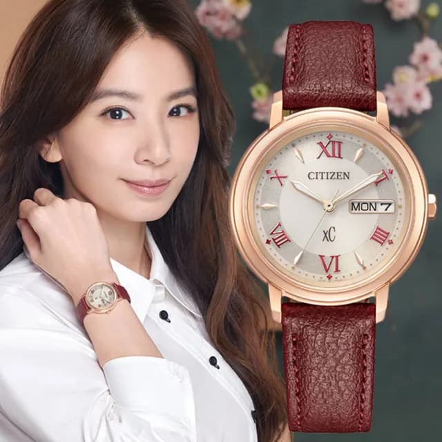 【CITIZEN 星辰】HEBE廣告款 羅馬時標光動能女錶 紅 32mm雙11(EW2427-19A)