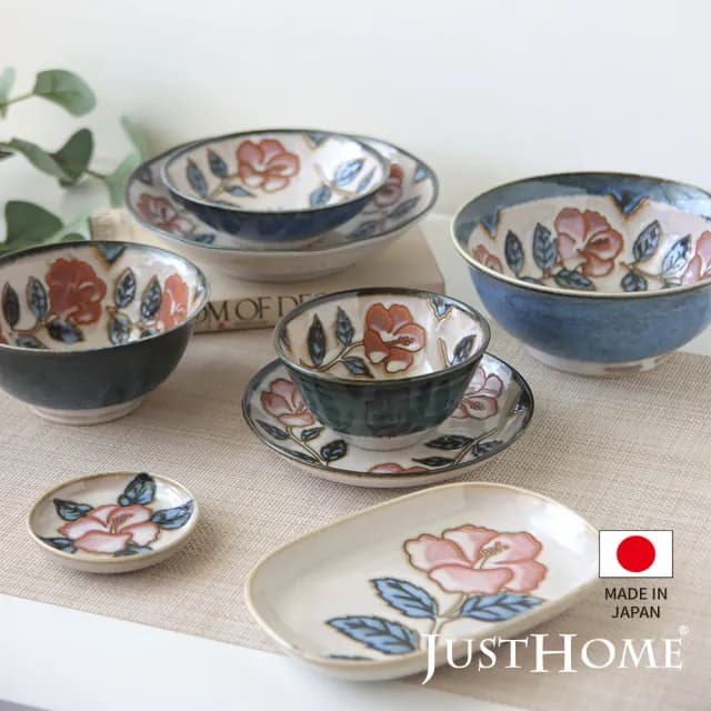 【Just Home】日本製玫瑰窯變陶瓷飯碗餐具5件組(可微波 碗 碗盤 醬料碟 飯碗 餐具組 碗組)
