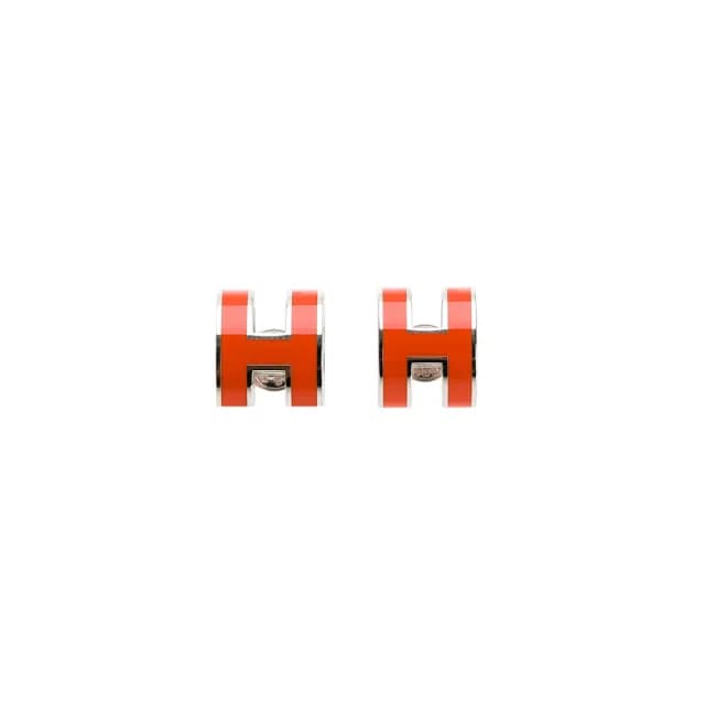 【Hermes 愛馬仕】經典POP H立體簍空橢圓LOGO耳環(紅橘/銀)