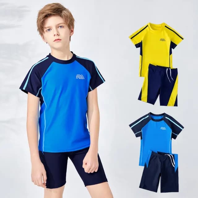 【橘魔法】大童 線條PA字母運動插肩泳衣+五分泳褲(二件式 游泳課 學生泳衣 中性款 男童 兒童 童裝)