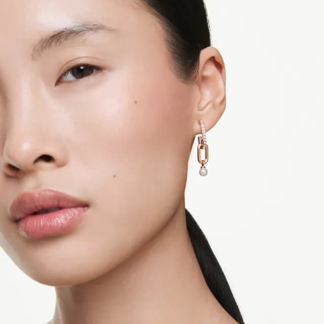【SWAROVSKI 施華洛世奇】Constella 水滴形耳環 水晶珍珠 圓形切割 白色 鍍玫瑰金色