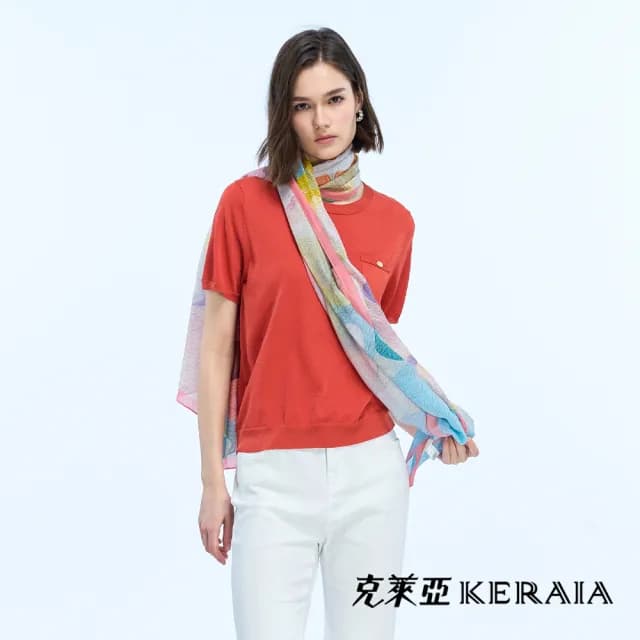 【KERAIA 克萊亞】沁涼柔感粉紅彩繪絲棉長絲巾