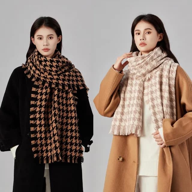 【VEDINA】100%純羔羊毛大披肩圍巾 千鳥格純羊毛 40*200 cm(白駝/黑棕/黑白色/短鬚設計保暖男女披巾圍脖)