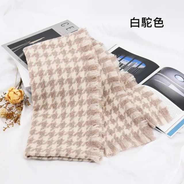 【VEDINA】100%純羔羊毛大披肩圍巾 千鳥格純羊毛 40*200 cm(白駝/黑棕/黑白色/短鬚設計保暖男女披巾圍脖)