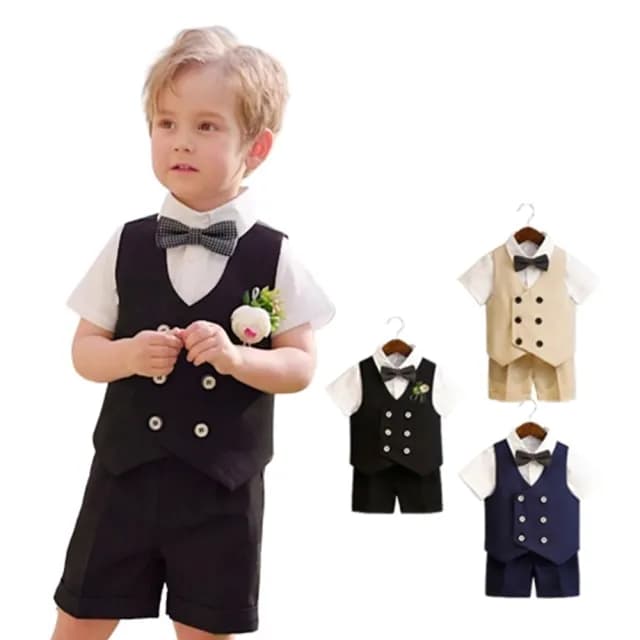 【橘魔法】3色 經典西裝背心+西裝短褲+短袖襯衫+別針胸花(3件組 套裝 男童 花童 畢業典禮 正裝 兒童 童裝)