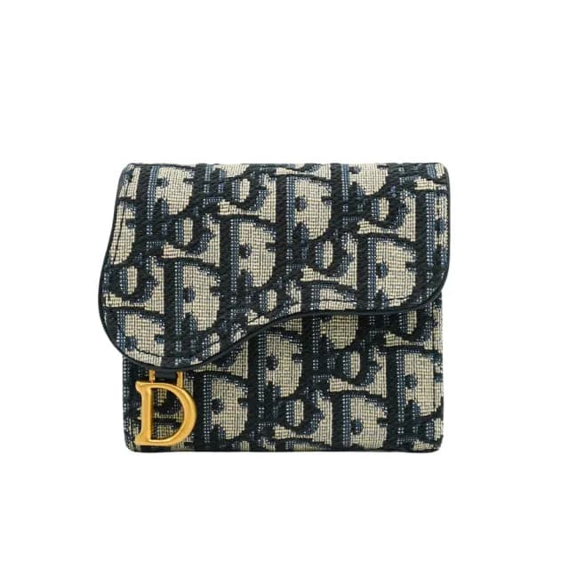 【Dior 迪奧】展示品 Oblique Saddle Lotus 緹花釦式三折短夾(藍)