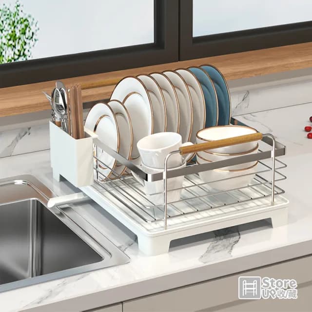 【Store up 收藏】頂級304不鏽鋼 可排水 木柄杯碟碗盤瀝水架-含餐具筒(AD509)