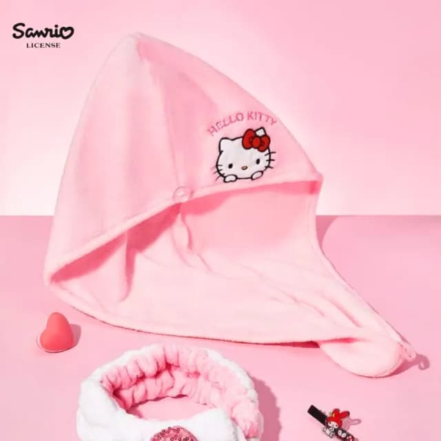 【SANRIO 三麗鷗】Hello Kitty凱蒂貓正版授權刺繡浴帽擦頭包頭巾(閨蜜女兒女友老婆聖誕交換禮物)