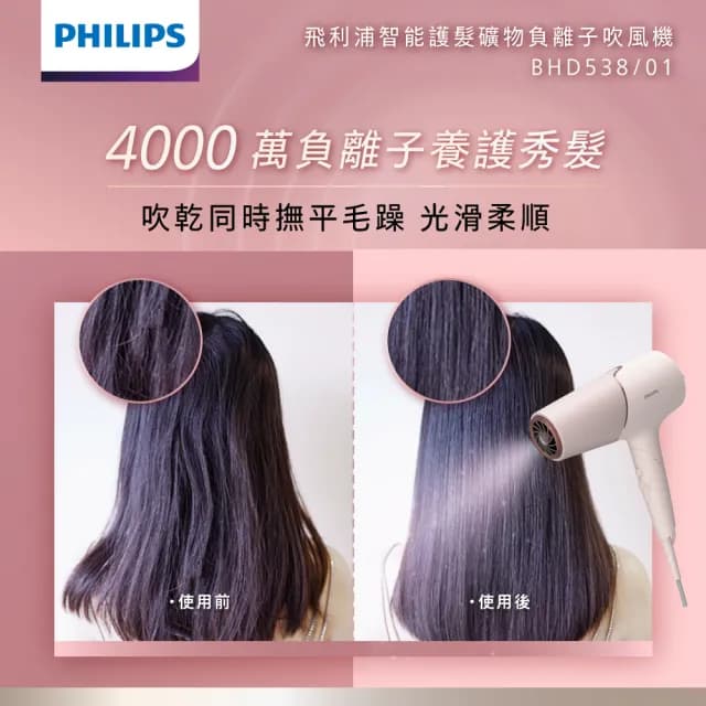 【Philips 飛利浦】官方直營 智能護髮礦物負離子吹風機-玫瑰粉霧(BHD538/01)