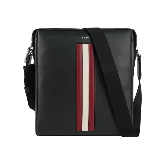 【BALLY】Mythos 紅白條紋再生牛皮拉鍊斜背包(黑色)