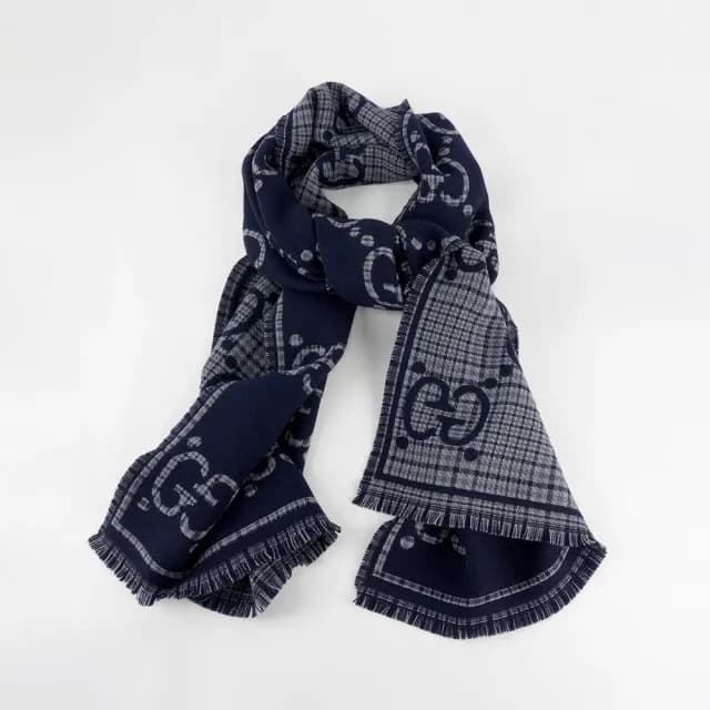 【GUCCI 古馳】GG Logo 格紋雙色羊毛圍巾(灰色/藍色)