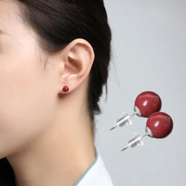 【古典美人】高級純銀針硃砂耳環1對(耳骨釘 飾品 耳飾 耳釘 耳針 耳扣 首飾 配件 配飾 情人節 送禮物)