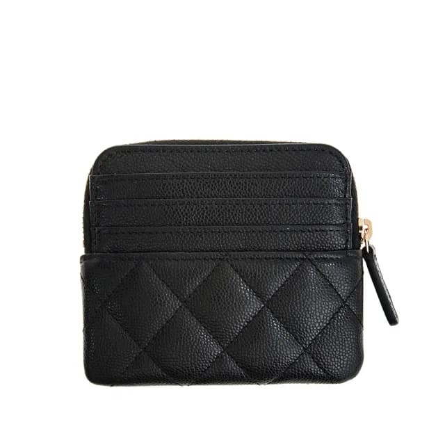 【CHANEL 香奈兒】新款雙C金字LOGO金屬菱格紋荔枝皮吐司卡片零錢包(黑色)