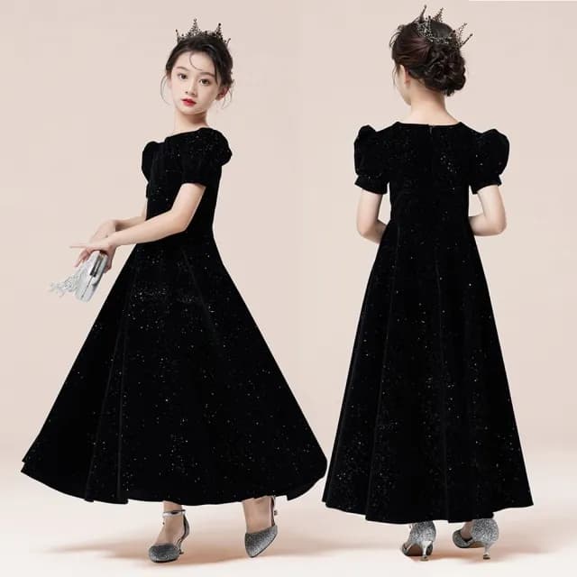 【橘魔法】黑彩色星空金絲絨長裙禮服(大童 連身裙 禮服 攝影 表演 鋼琴 表演 演奏會 童裝 兒童 女童)