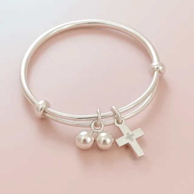 【珠兒綠】999純銀幸福十字架搖鈴純銀手鐲-嬰兒 開運(純銀手環 手鍊 彌月禮物 附禮盒禮袋 開運)