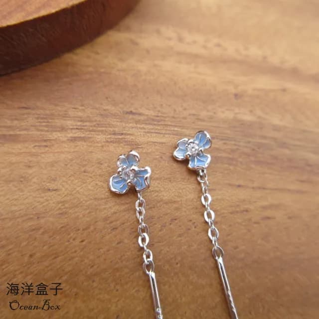 【海洋盒子】拉式。清新唯美藍釉鋯石小花S999純銀耳環(垂墜耳環.外鍍專櫃級正白K)