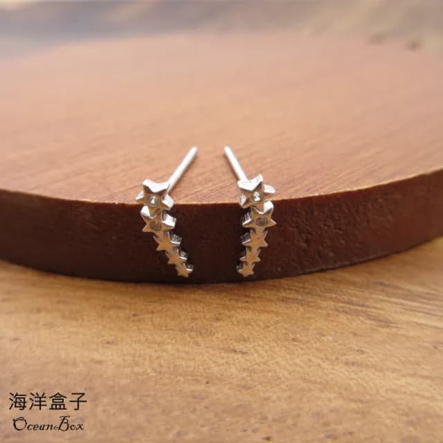 【海洋盒子】閃耀清冷排列鑲鑽微笑流星S925純銀耳環(貼耳耳環.外鍍專櫃級正白K)