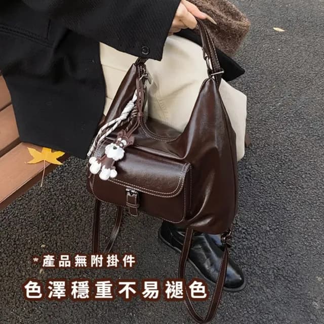 【韓風小鋪】父親節禮物 高級感復古冷棕油蠟皮單肩包(可雙肩背 可手提 斜跨包 側件包 女士 穿搭配件 冬季