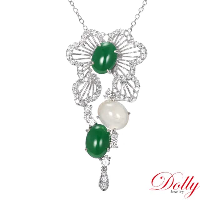 【DOLLY】買一送一 18K金 緬甸冰玻種A貨雙色翡翠鑽石項鍊(現貨 母親節 長輩送禮首選)