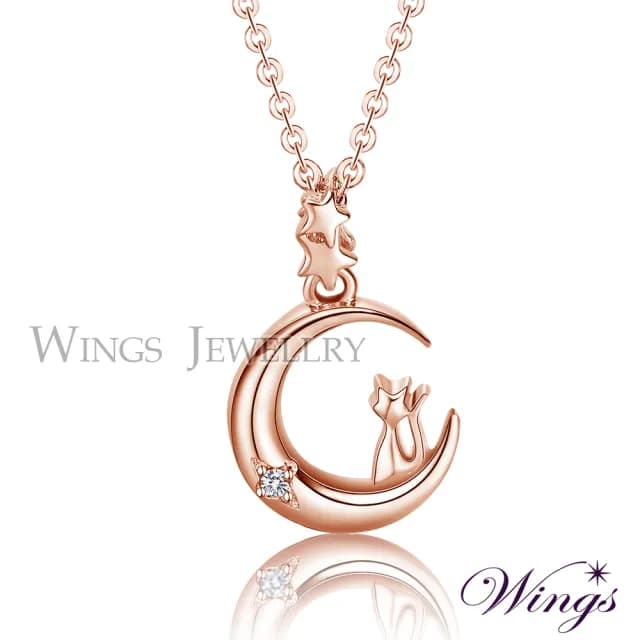 【WINGS】精鍍玫瑰金項鍊《月亮上的精靈小貓》｜輕奢設計款(質感 清新 喵星人 禮盒 送禮 貓咪 日系 禮物)
