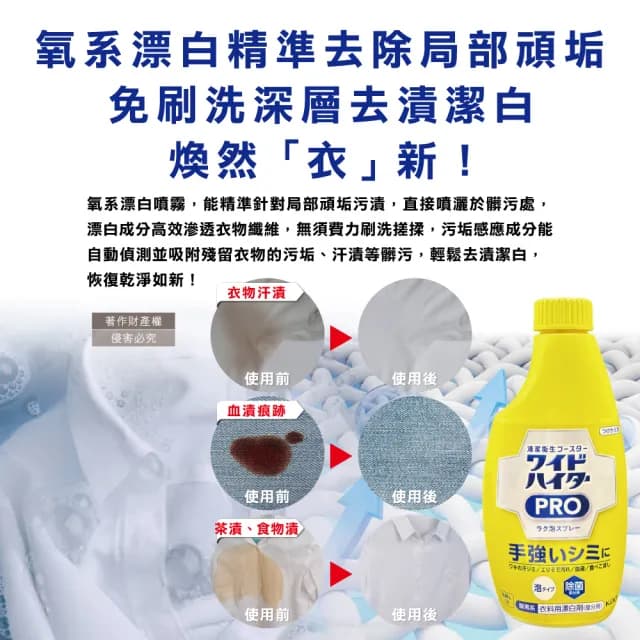 【日本KAO花王】餐具廚碗托盤漂白劑PRO免刷洗衣物局部去漬潔白護色氧系泡沫噴霧(300ml/黃補充瓶)
