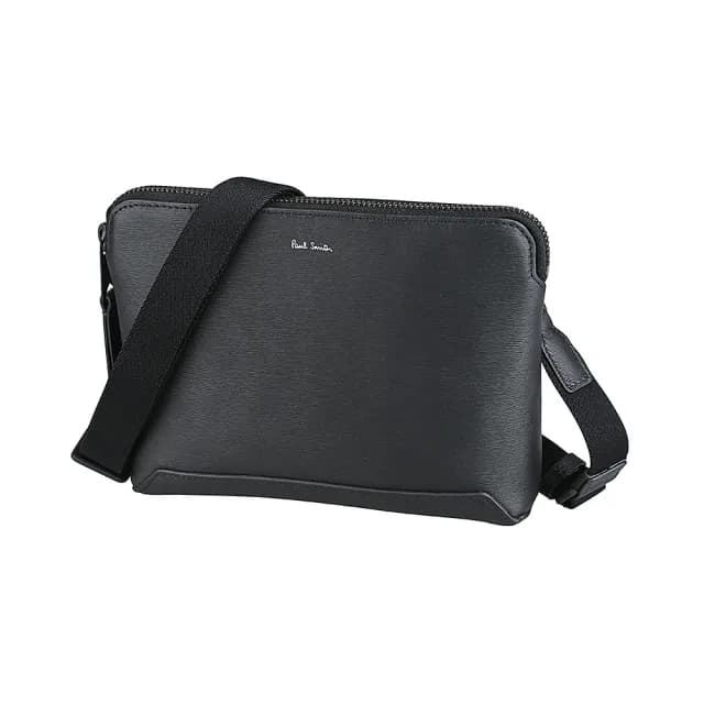 【Paul Smith】PAUL SMITH燙印銀箔LOGO牛皮拉鍊斜背/手拿包(男款/黑x內裡多彩條紋)